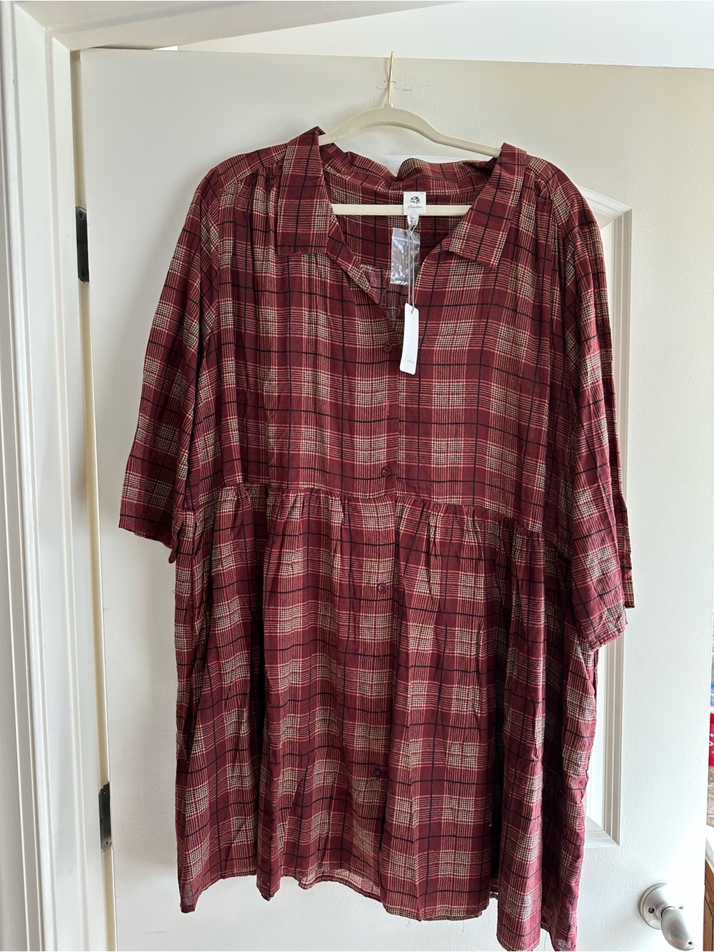 FLAWLESS Burgundy Plaid Button-Front Casual Dress Size 2X NWT.